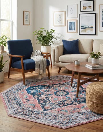 Navy Blue Washable Yara Octagon Rug
