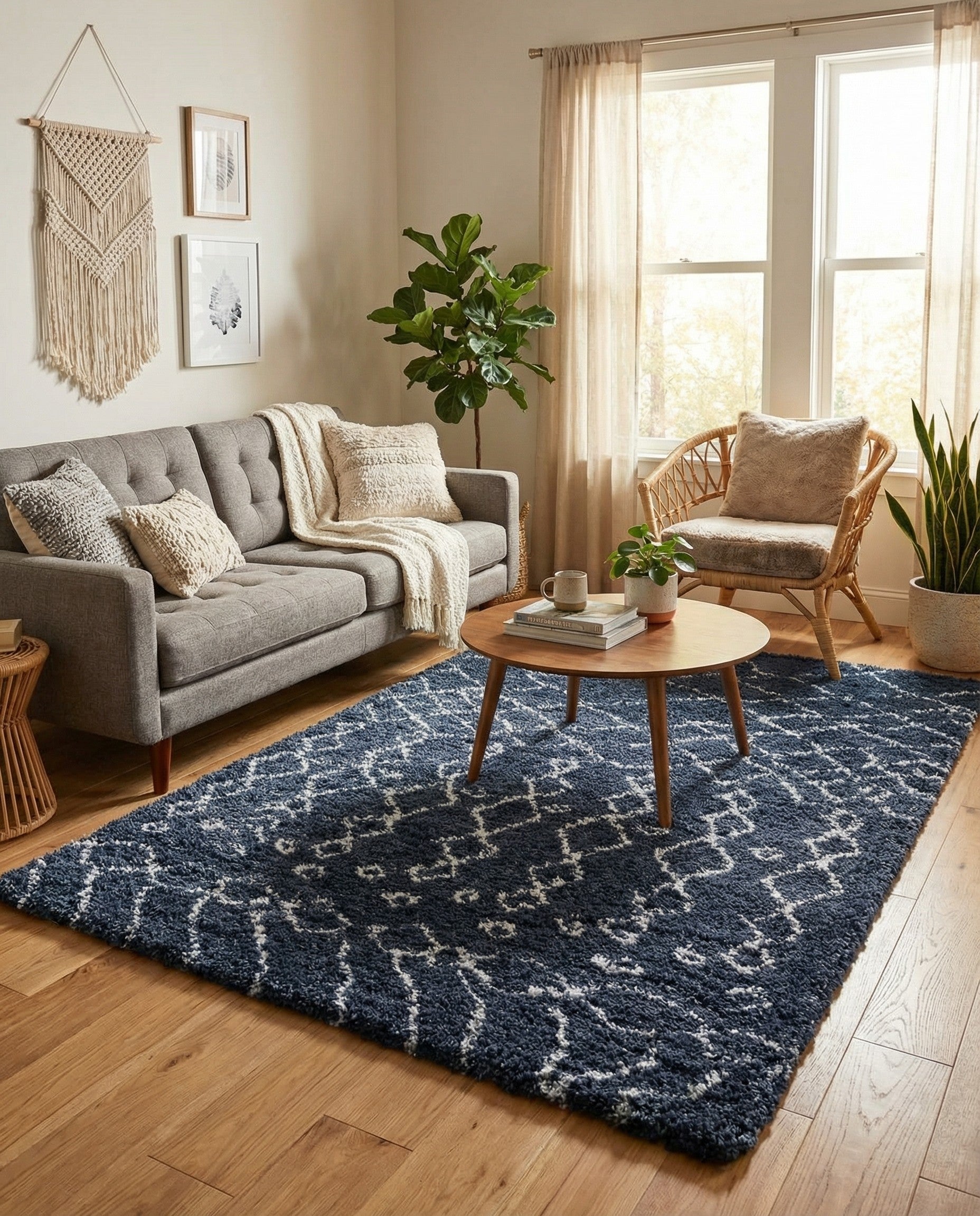 A 5x8 rectangular navy blue shag rug with a white Scandinavian tribal trellis pattern, ideal for a living room.