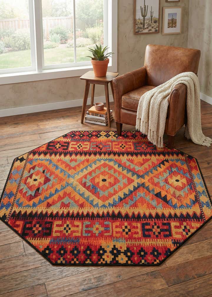 5' 3 x 5' 3 Easy-Clean Tribal Indoor / Outdoor Octagon Rug