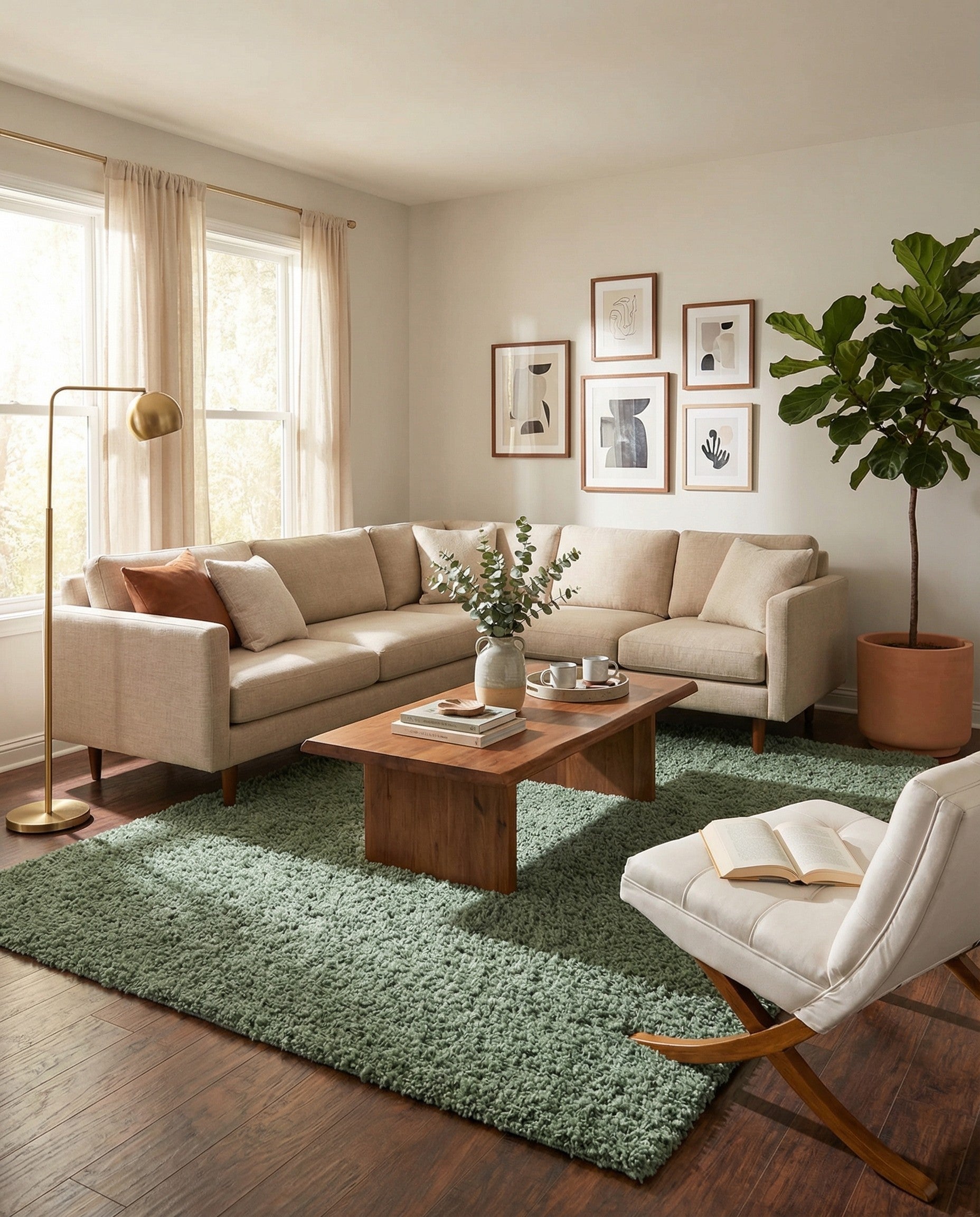 A soft, rectangular 9x12 green shag area rug with a textured pile, perfect for a living room or bedroom.