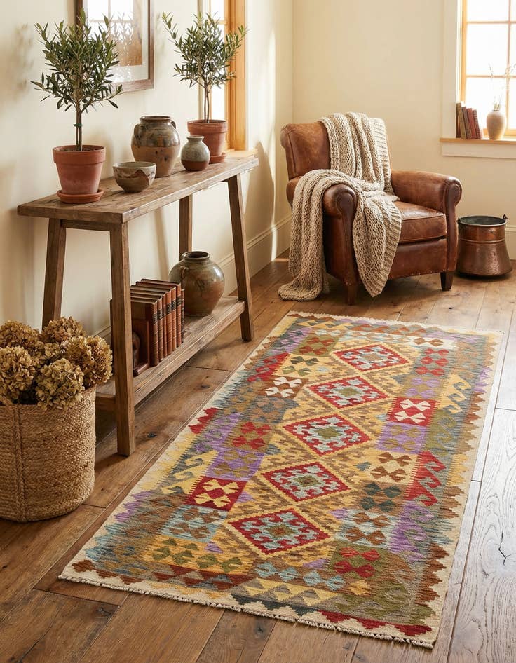 Detail image of 3' 4 x 6' 2  Hand Woven Kilim Maymana Wool Runner Rug