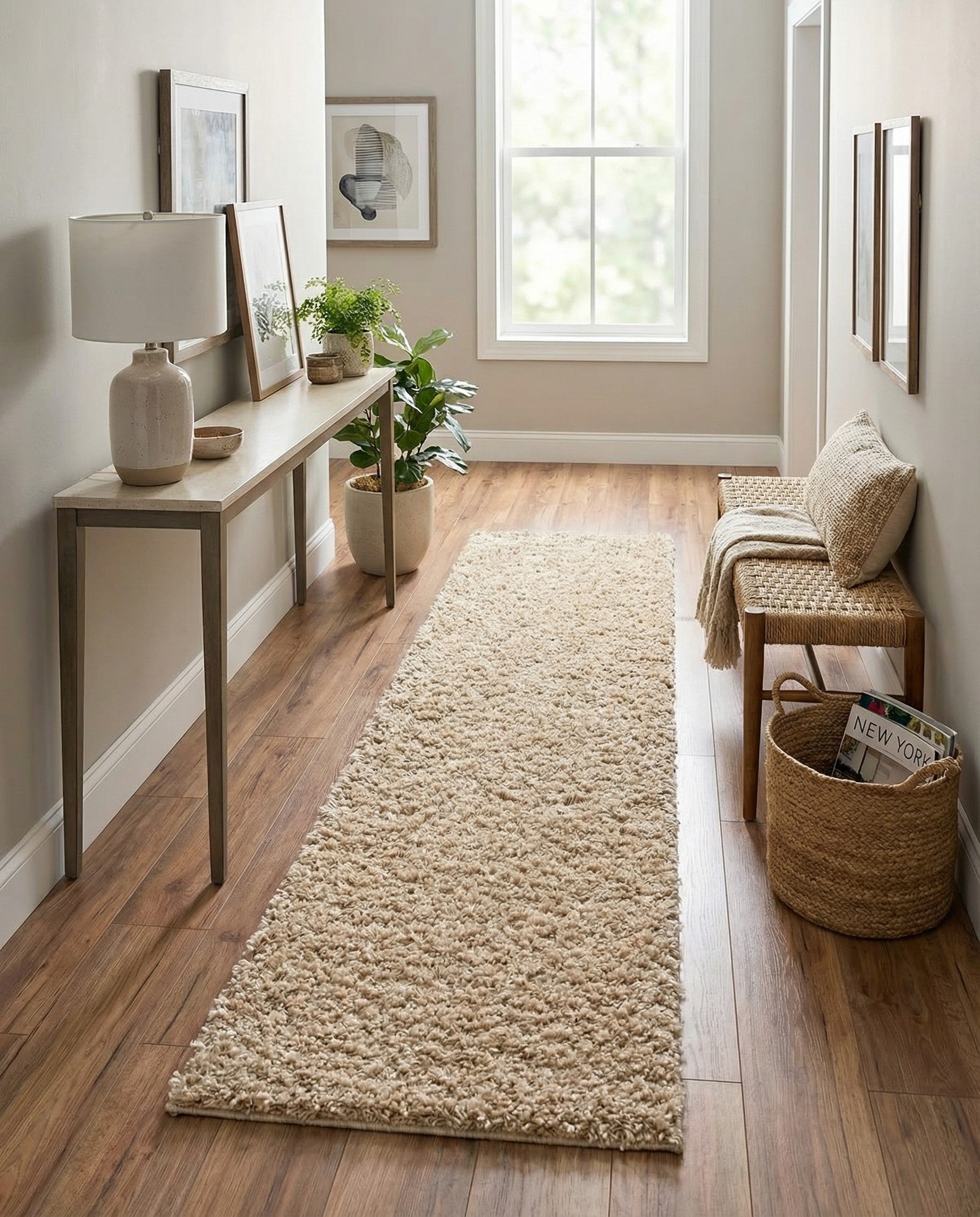 A long, rectangular 20 ft runner rug from the Everyday Shag collection in a blend of brown, tan, and ivory, featuring a plush, textured shag pile.
