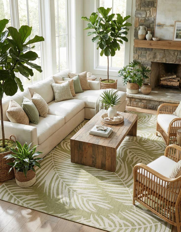 Detail image of 13' x 13'  Washable Botanical Indoor / Outdoor Square Rug