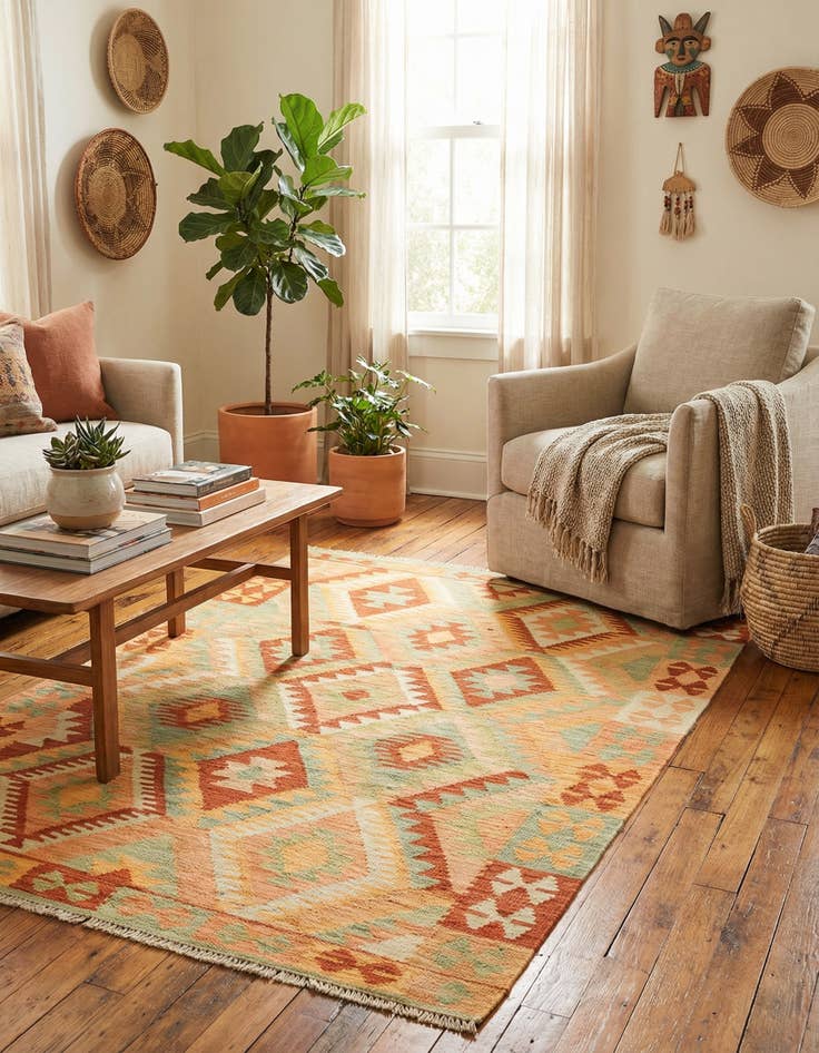 Detail image of  3' 2 x 4' 10  Hand Woven Kilim Waziri Wool Rug