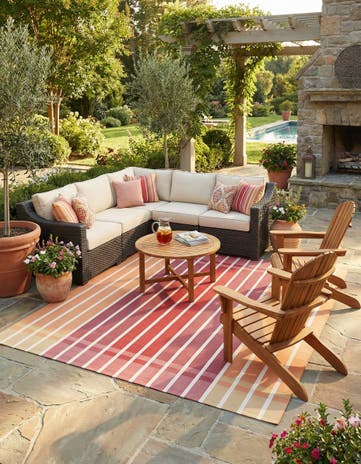 Peach and Salmon Easy-Clean Ribbon Indoor / Outdoor Square Rug