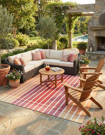 Peach and Salmon Easy-Clean Ribbon Indoor / Outdoor Square Rug