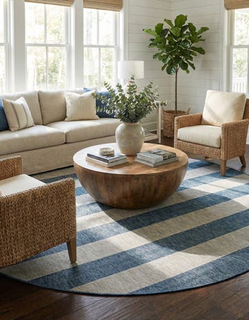 Blue Easy-Clean Ribbon Indoor / Outdoor Round Rug
