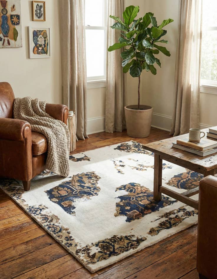 Detail image of 4' 4 x 4' 5  Hand Knotted Ultra Vintage Persian Wool Square Rug