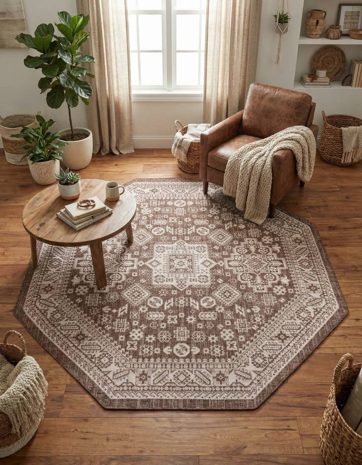 Detail image of 7' 10 x 7' 10  Washable Aztec Indoor / Outdoor Octagon Rug