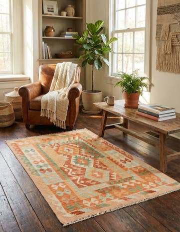 3' 2 x 4' 10 Hand Woven Kilim Waziri Wool Rug