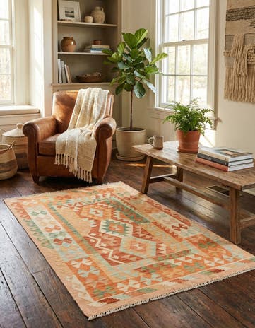 3' 2 x 4' 10 Hand Woven Kilim Waziri Wool Rug