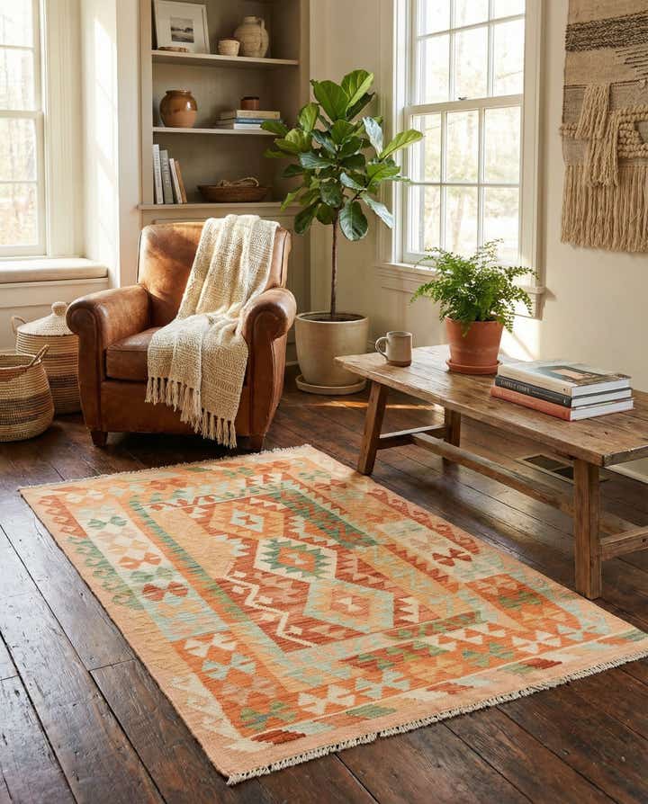 3' 2 x 4' 10 Hand Woven Kilim Waziri Wool Rug