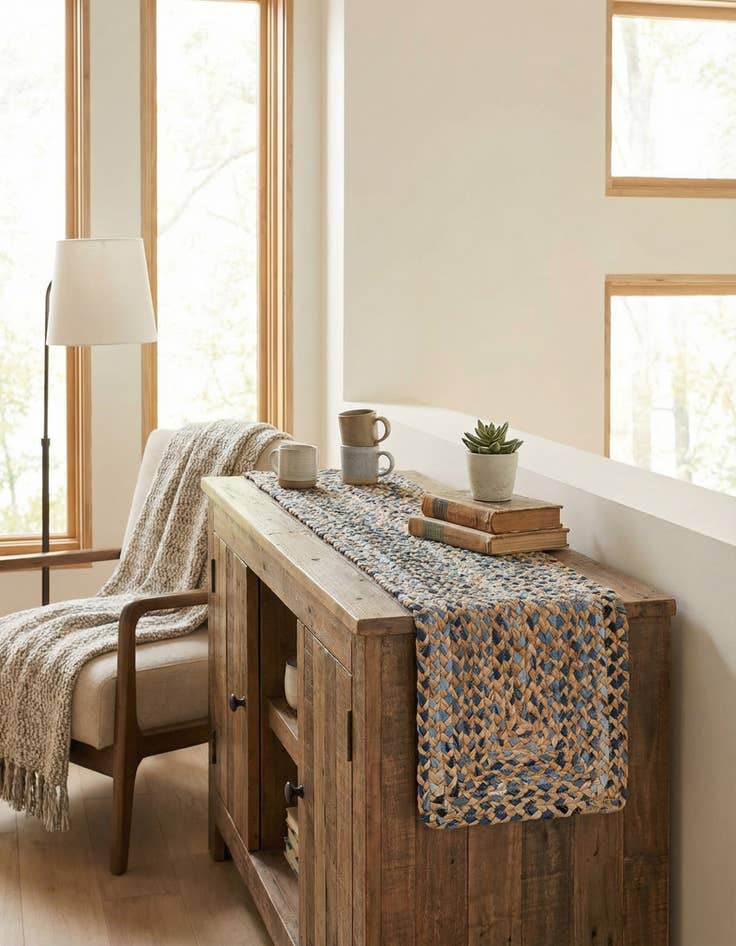 Detail image of 1' 2 x 4' 1  Hand Braided Chindi Table Runner Rug