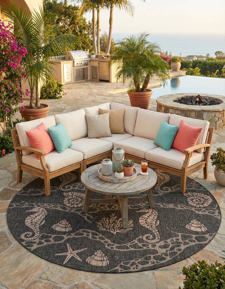 Detail image of 10' x 10'  Washable Coastal Indoor / Outdoor Round Rug