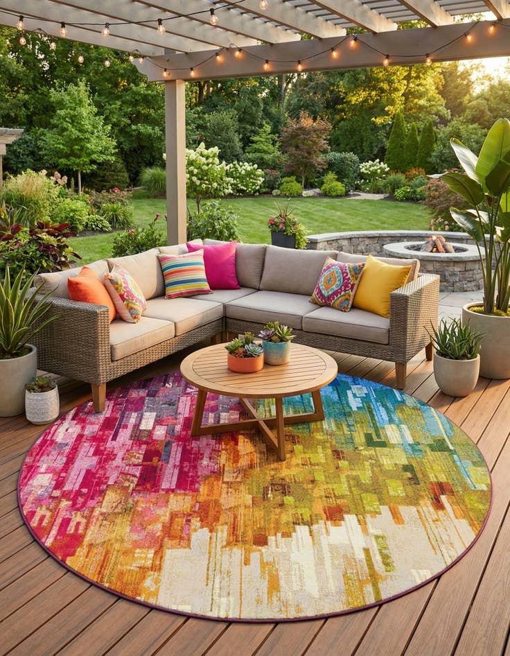 Detail image of 8' x 8'  Washable Modern Indoor / Outdoor Round Rug