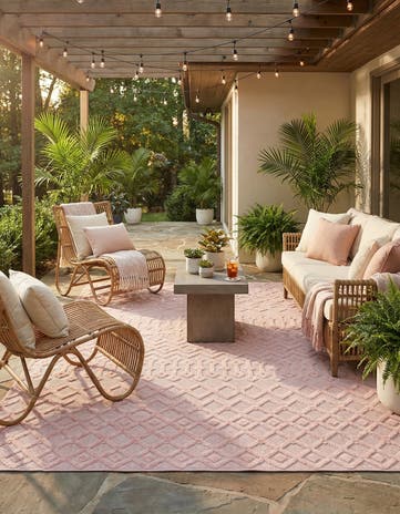 Pink Easy-Clean Trellis Textured Indoor / Outdoor Rug