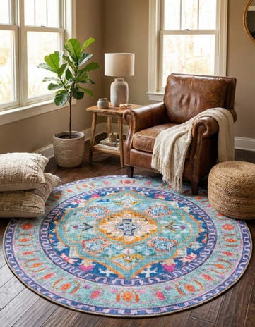Blue Washable Timeless Round Rug