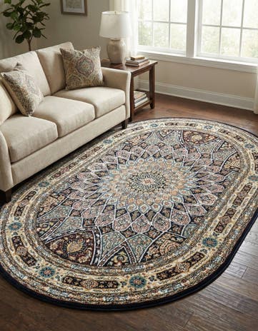 Navy Blue Nain Design Oval Rug