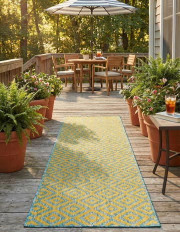Yellow and Aqua Easy-Clean Jill Zarin Costa Rica Indoor / Outdoor Runner Rug