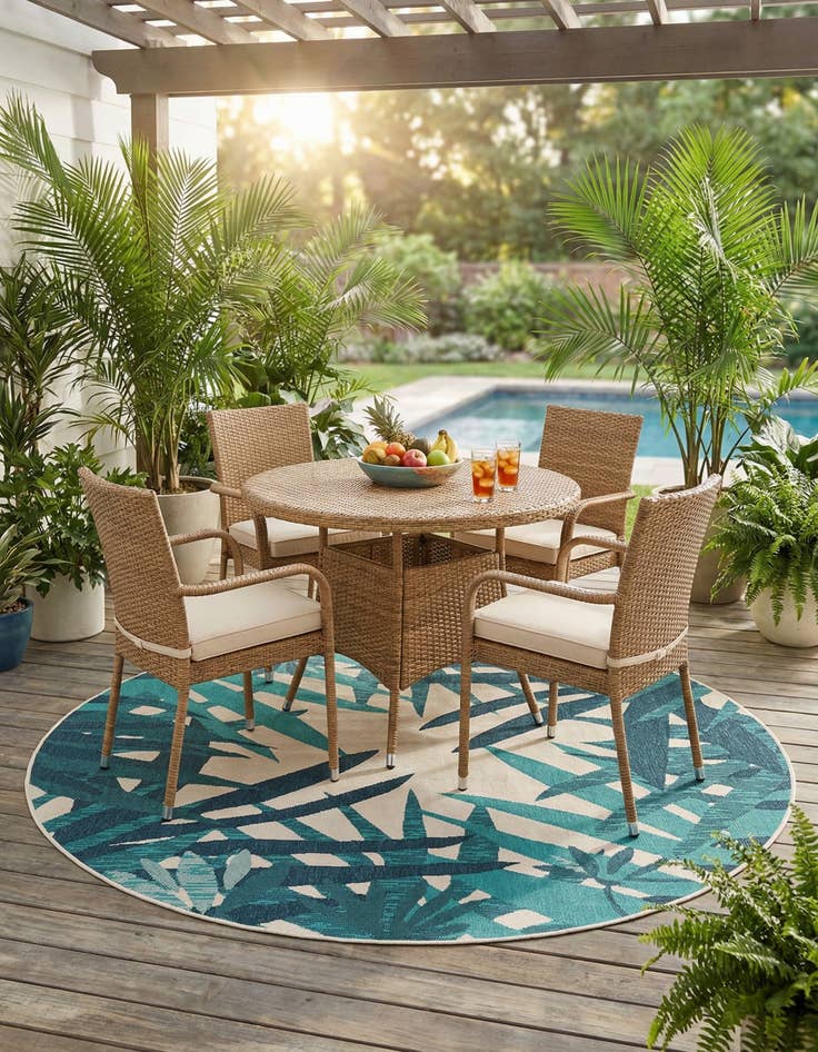 Detail image of 7' 10 x 7' 10  Washable Botanical Indoor / Outdoor Round Rug