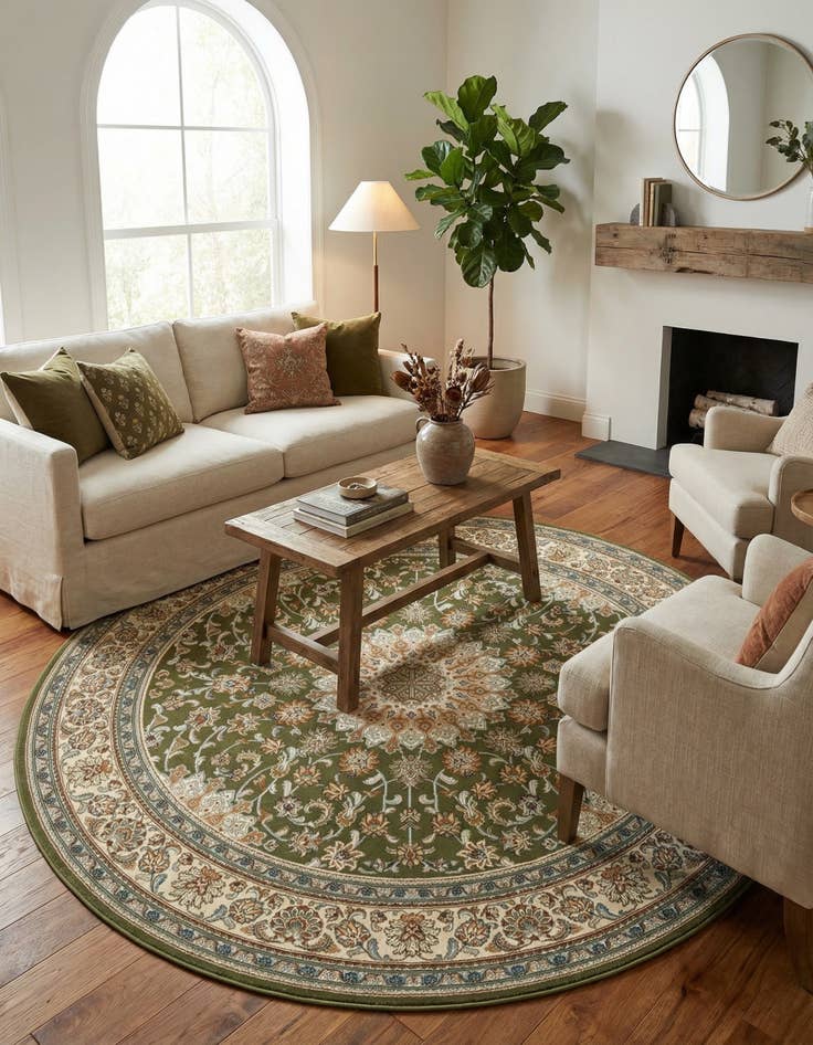 Detail image of 7' 10 x 7' 10  Washable Traditional Indoor / Outdoor Round Rug