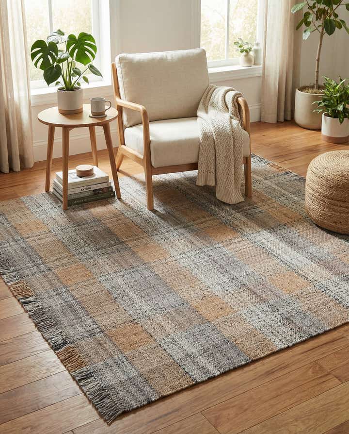 7' 10 x 7' 10 Easy-Clean Eco Plaid Washable Indoor / Outdoor Square Rug