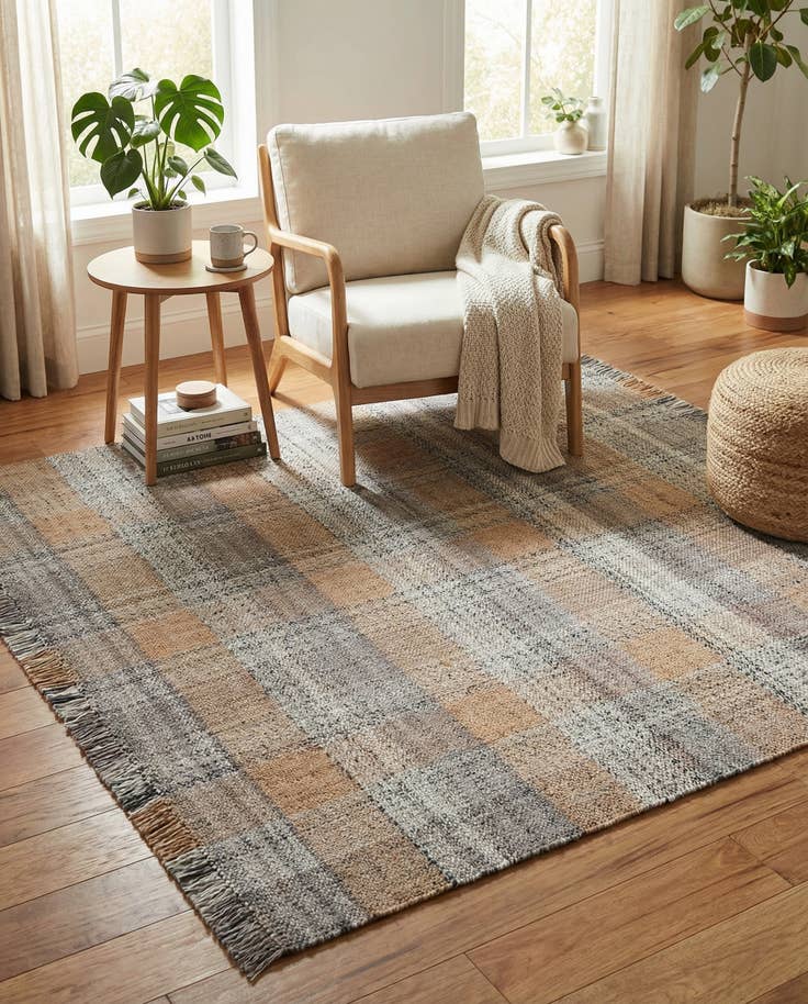 Detail image of 7' 10 x 7' 10 Easy-Clean Eco Plaid Washable Indoor / Outdoor Square Rug