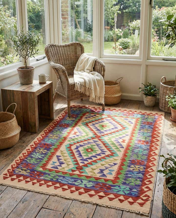 3' 4 x 4' 11 Hand Woven Kilim Maymana Wool Rug