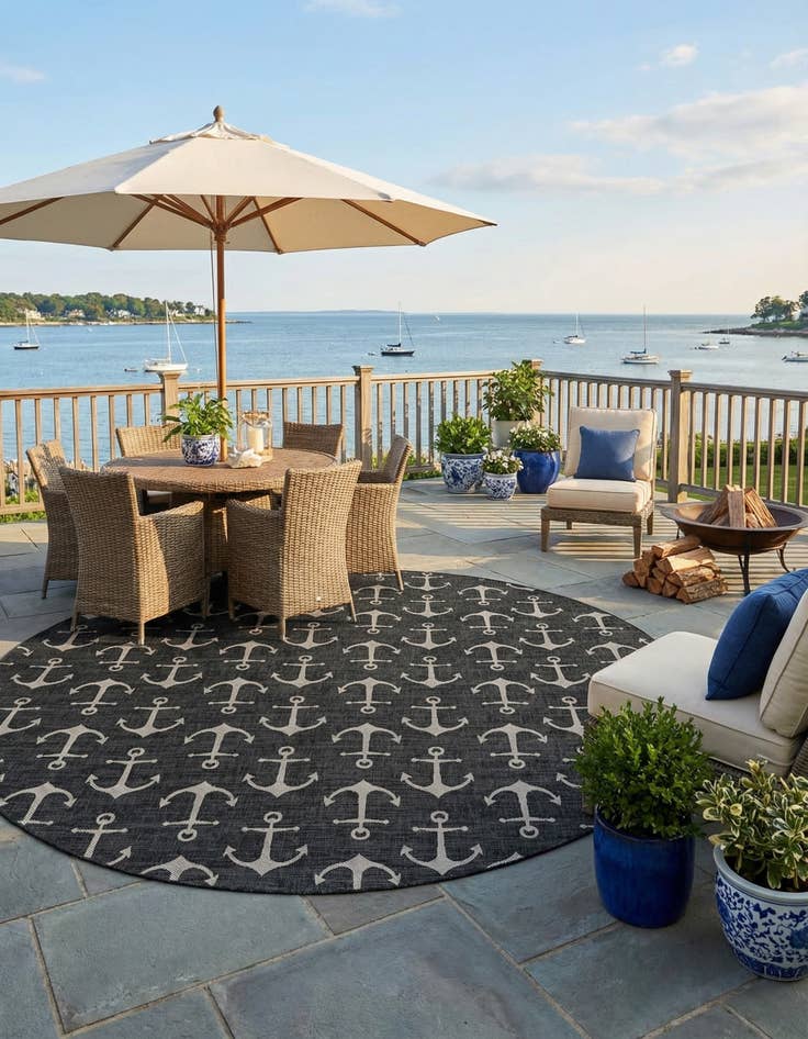 Detail image of 13' x 13'  Washable Coastal Indoor / Outdoor Round Rug
