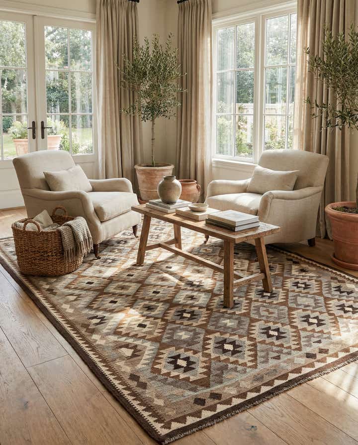 6' 8 x 9' 6 Hand Woven Kilim Maymana Wool Rug