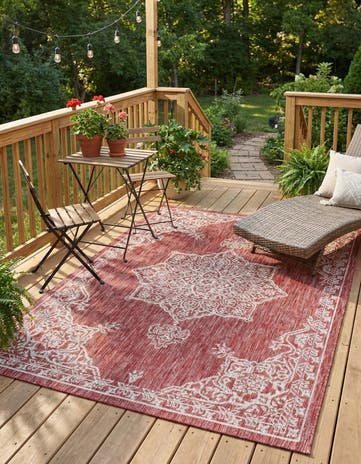 Rust Red Easy-Clean Traditional Indoor / Outdoor Rug