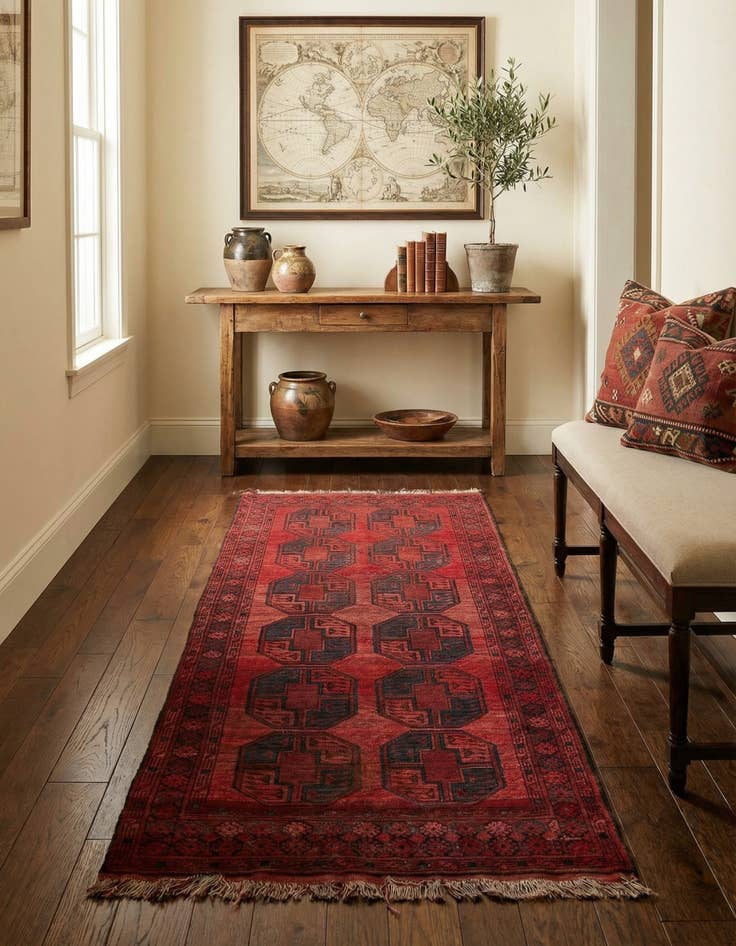 Detail image of 3' 8 x 7' 4  Hand Knotted Afghan Akhche Wool Runner Rug