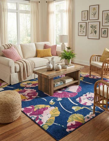 Navy Blue Bloom Square Rug