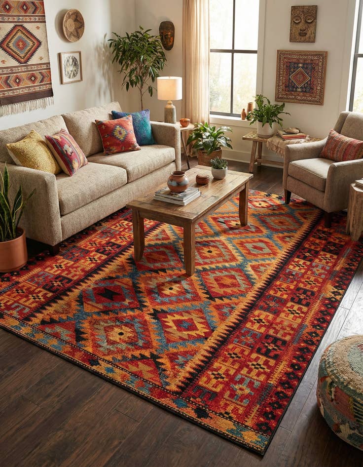 Detail image of 9' x 12' Easy-Clean Tribal Indoor / Outdoor Rug
