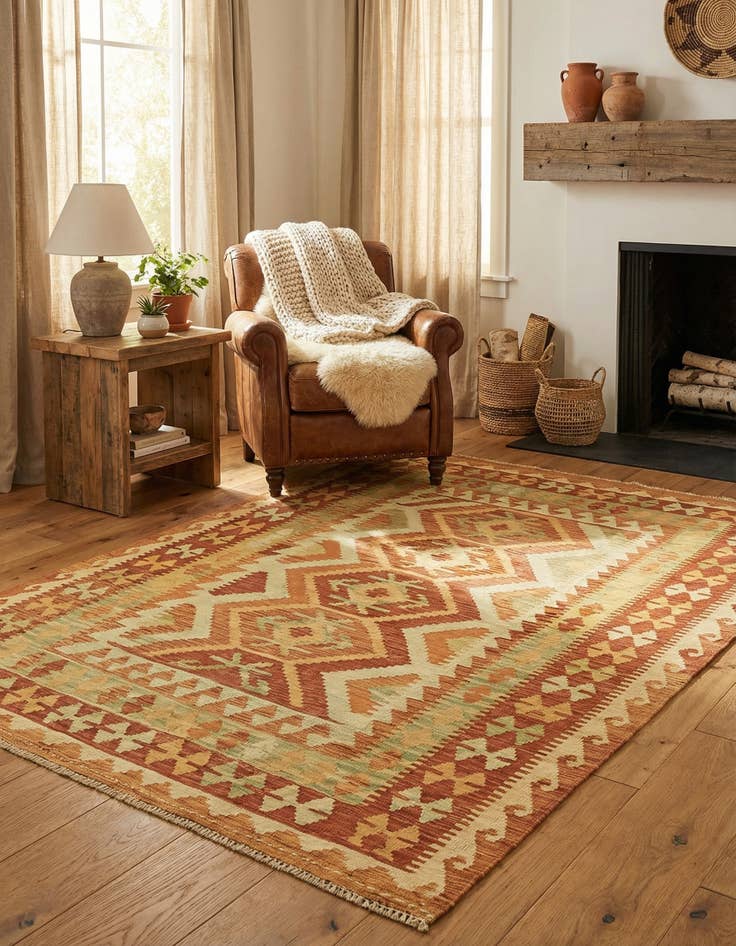 Detail image of  3' 10 x 5' 10  Hand Woven Kilim Waziri Wool Rug