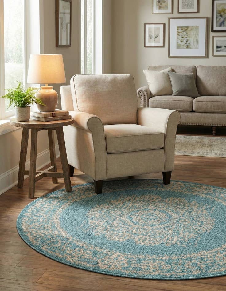 Detail image of 4' x 4'  Washable Traditional Indoor / Outdoor Round Rug