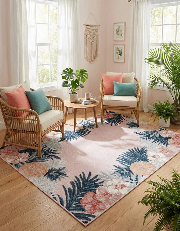 Detail image of  4' 5 x 6'  Washable Botanical Indoor / Outdoor Rug