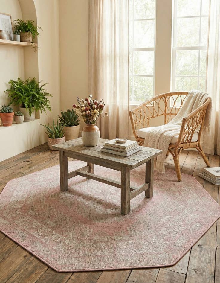 Detail image of 5' 3 x 5' 3  Washable Traditional Indoor / Outdoor Octagon Rug