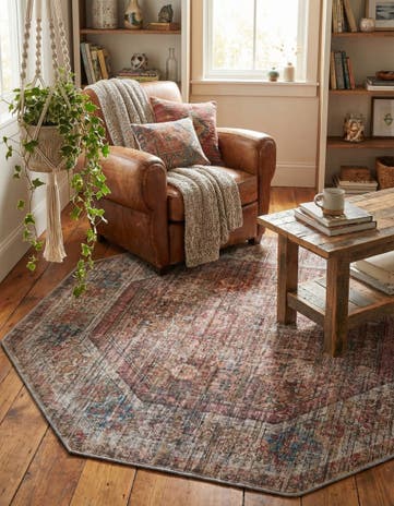 Rust Red and Brown Washable Nostalgia Octagon Rug