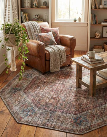 Rust Red and Brown Washable Nostalgia Octagon Rug