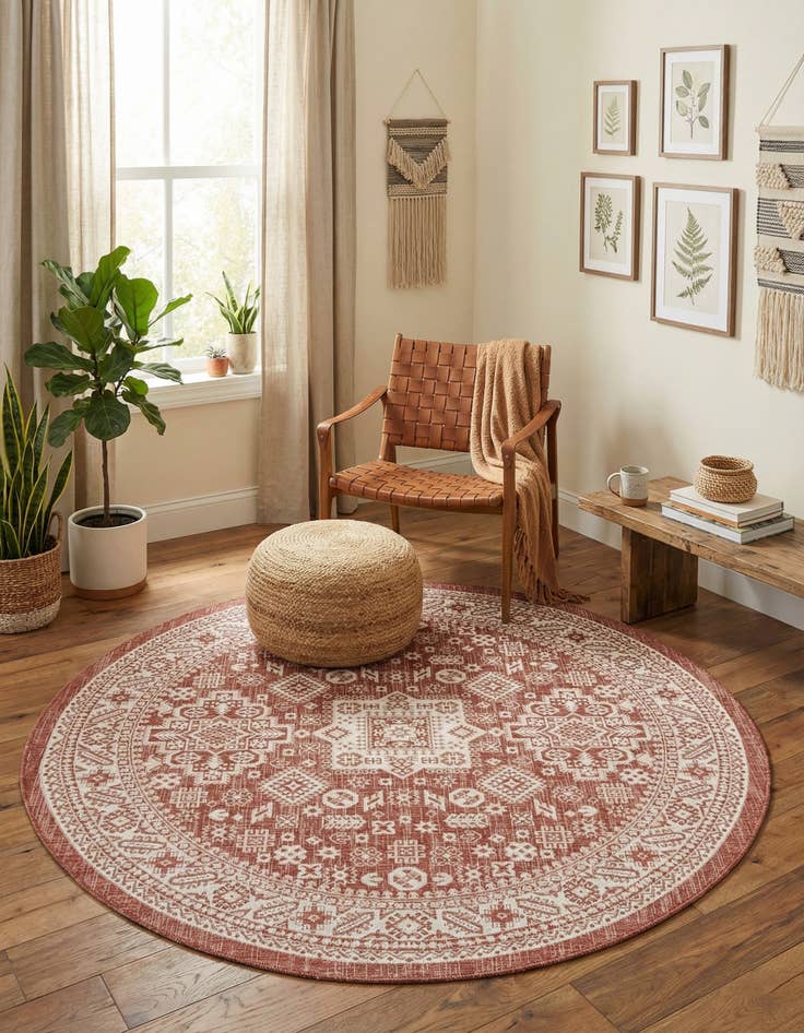 Detail image of  7' 10 x 7' 10  Washable Aztec Indoor / Outdoor Round Rug
