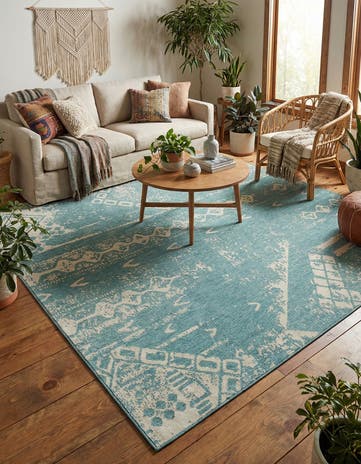 Light Aqua Easy-Clean Bohemian Indoor / Outdoor Square Rug