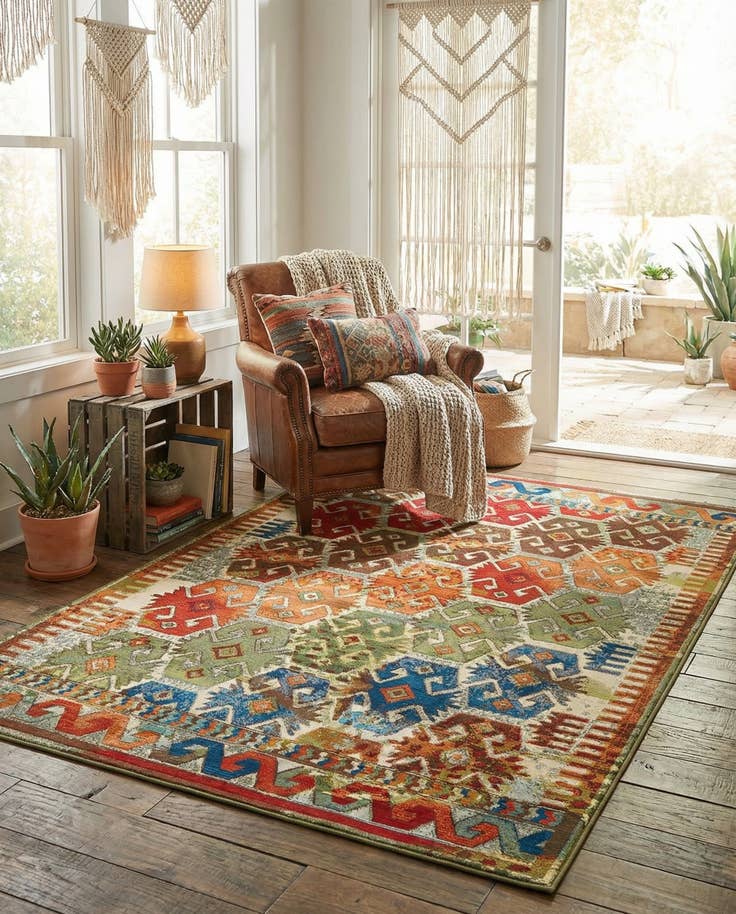 Detail image of 5' 3 x 8' Easy-Clean Southwestern Indoor / Outdoor Rug