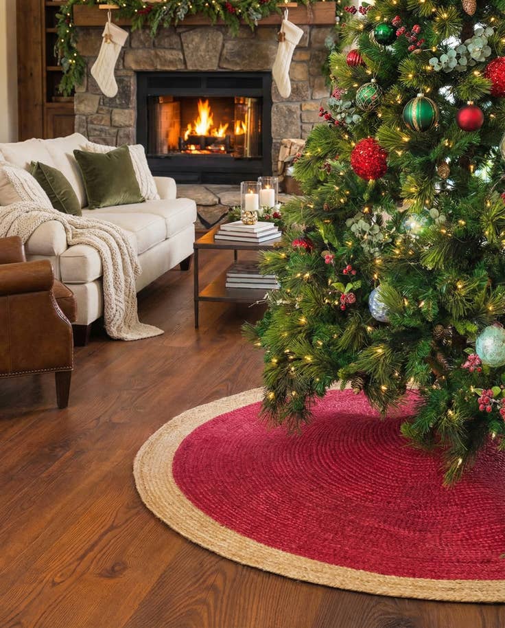 Detail image of 5' 1 x 5' 1 Hand Braided Christmas Tree Skirt