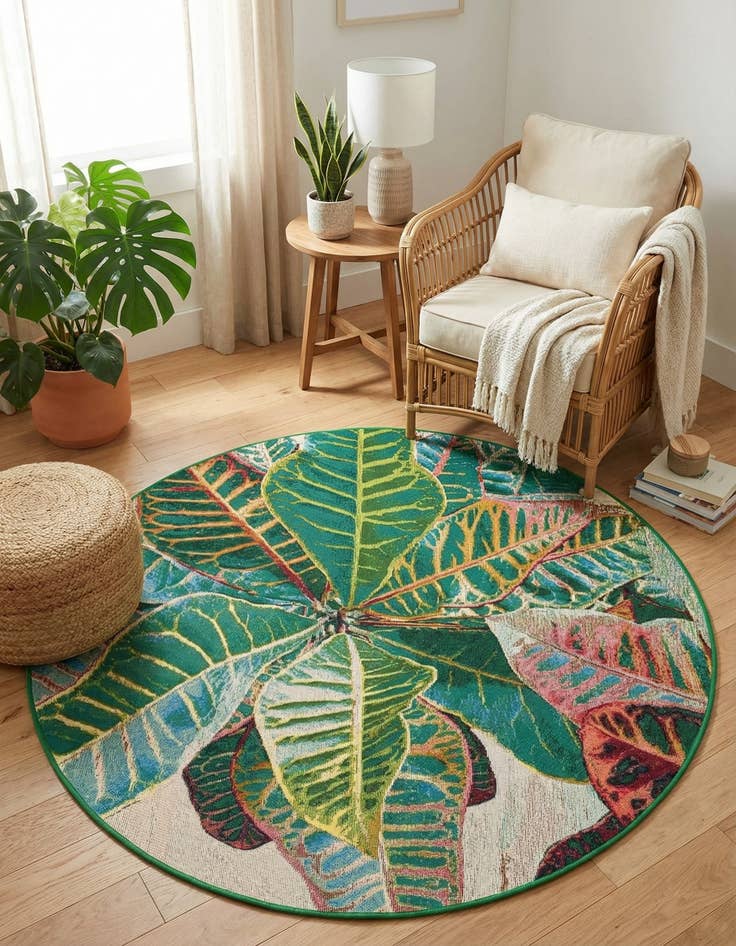 Detail image of  5' x 5'  Washable Botanical Indoor / Outdoor Round Rug