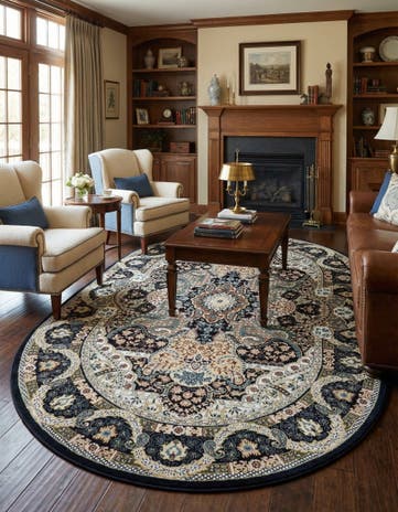 Navy Blue Nain Design Oval Rug