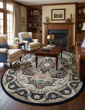 Navy Blue Nain Design Oval Rug