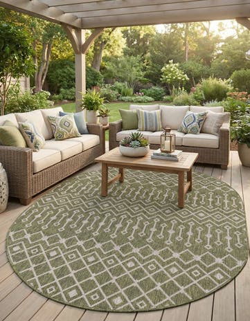Green Easy-Clean Lattice Indoor / Outdoor Oval Rug