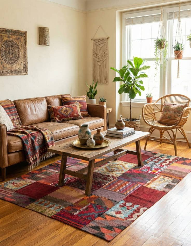 Detail image of  4' 2 x 6'  Hand Woven Kilim Patchwork Wool Rug