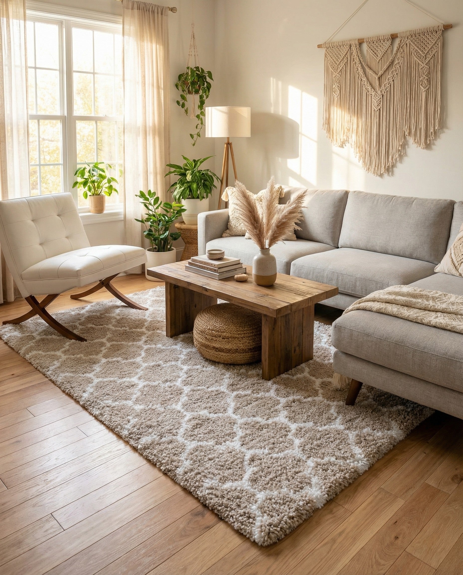 A rectangular 5x8 Moroccan Shag area rug in brown and ivory, featuring a repeating trellis pattern.